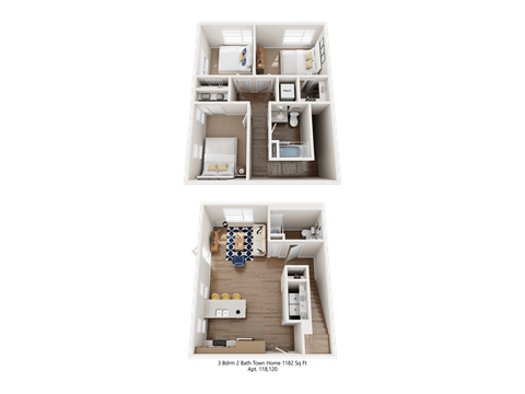 Floor plan for 3 beds, 2 baths, 1182 sqft